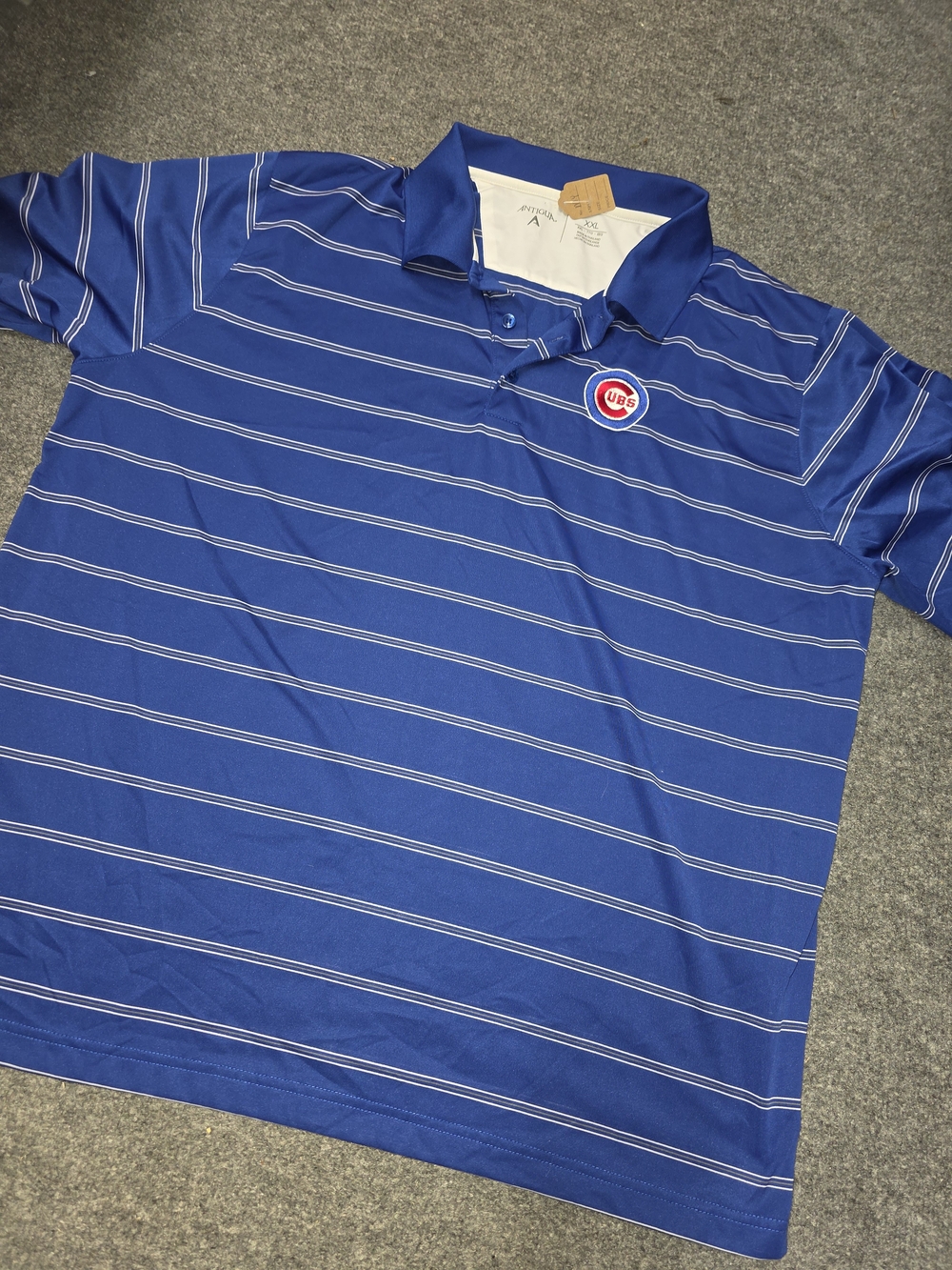 Antigua Blue Striped Polo with Cubs Patch
